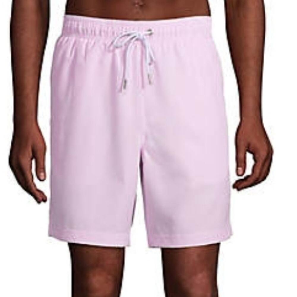 NEW Lands' End Men's Seersucker Swim Trunk Shorts Pink White Stripe 8" Medium